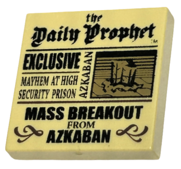 3068pb1294 - Tile 2 x 2 with Newspaper 'the Daily Prophet', 'EXCLUSIVE', 'MAYHEM AT HIGH SECURITY PRISON', and 'MASS BREAKOUT FROM AZKABAN' Pattern