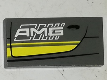 87079pb0618L - Tile 2 x 4 with Double Yellow Stripes and White 'AMG' on Dark Bluish Gray Background Pattern Model Left Side (Sticker) - Set 75877