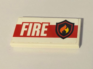 87079pb0624 - Tile 2 x 4 with Fire Logo Badge, 'FIRE', and Thick Red Stripe on White Background Pattern (Sticker) - Set 60110