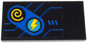 87079pb0686 - Tile 2 x 4 with Blue Game Controls with Yellow Lightning Bolt and Spiral Buttons and Blue Lines on Black Background Pattern (Sticker) - Set 71711