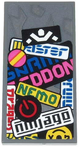 87079pb0690 - Tile 2 x 4 with Black 'ninjago', Green 'NEMO', White Ninja Silhouette, Power Button, Yellow Stripe and Partial Text Pattern (Sticker) - Set 71710