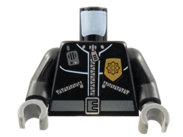 973pb0261c01 - Torso Police Leather Jacket, Gold Badge, Radio, Belt Pattern / Black Arms / Dark Bluish Gray Hands