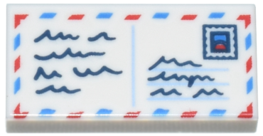3069pb1265 - Tile 1 x 2 with Red and Blue Lines, Dark Blue Square and Scribbles Pattern (Air Mail Envelope / Postcard with Stamp)