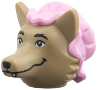 118711pb01 - Minifigure, Head, Modified Wolf with Molded Bright Pink Nightcap, Black Eyebrows, Nose, Mouth Pattern