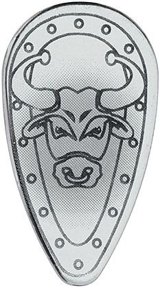 2586px5 - Minifigure, Shield Ovoid with Bull Head Black Outline on Chrome Silver Pattern