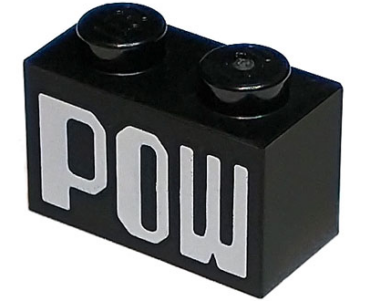 3004pb257 - Brick 1 x 2 with White 'POW' Pattern