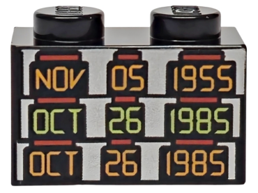 3004pb370 - Brick 1 x 2 with Orange and Yellowish Green 'NOV 05 1955', 'OCT 26 1985' and 'OCT 26 1985' on Silver Background Pattern