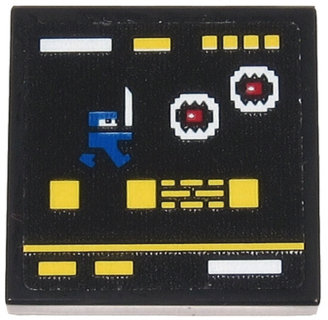 3068pb1302 - Tile 2 x 2 with Video Game Display with Blue Ninja, White Monsters with Red Eyes and Yellow Squares and Rectangles Pattern (Sticker) - Set 71712