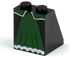 3678bpb015 - Slope 65 2 x 2 x 2 with Bottom Tube with Minifigure Dress / Skirt / Robe, Dark Green Panel with White Trim Pattern