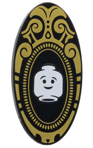 92747pb22 - Minifigure, Shield Elliptical with White Minifigure Head, Gold Filigree Border Pattern (Magic Mirror)