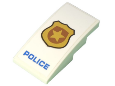93606pb108 - Slope, Curved 4 x 2 with Black Outlined Gold Badge and Blue 'POLICE' Pattern (Sticker) - Set 60239