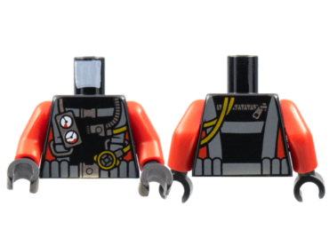 973pb2015c01 - Torso Diving Suit with Dark Bluish Gray Harness, Gauges on Front, Hoses and Zipper on Back, Red Stripes on Sides Pattern / Red Arms / Black Hands