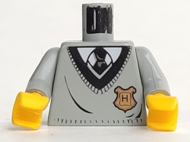973px153c01 - Torso V-Neck Sweater with Black Collar and Gold Hogwarts Crest over White Shirt, Tie Pattern / Light Gray Arms / Yellow Hands