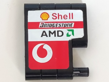 BA373pb01R - Stickered Assembly 5 x 4 x 1 with Red and White Stripes, Shell, Bridgestone, 'AMD' and Vodafone Logos Pattern Model Right Side (Sticker) - Set 8386 - 3 Technic, Liftarm Thick 1 x 5, 1 Technic, Liftarm Thick 1 x 3, 3 Technic, Pin with Short Friction Ridges, 3 Technic, Pin 3L with Friction Ridges